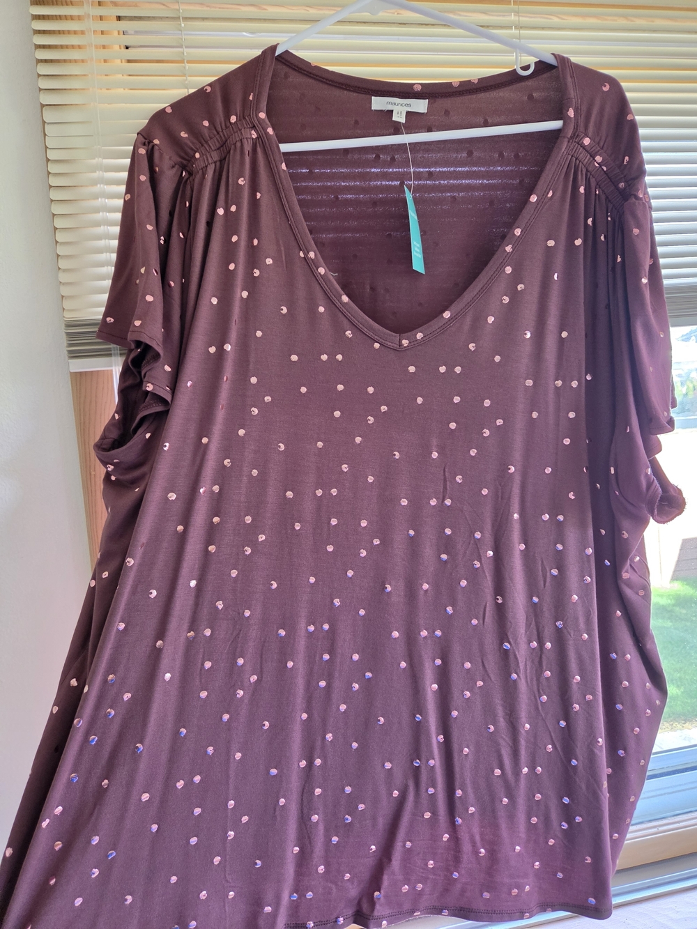 Maurices Maroon Top with Subtle Pink Spot Print